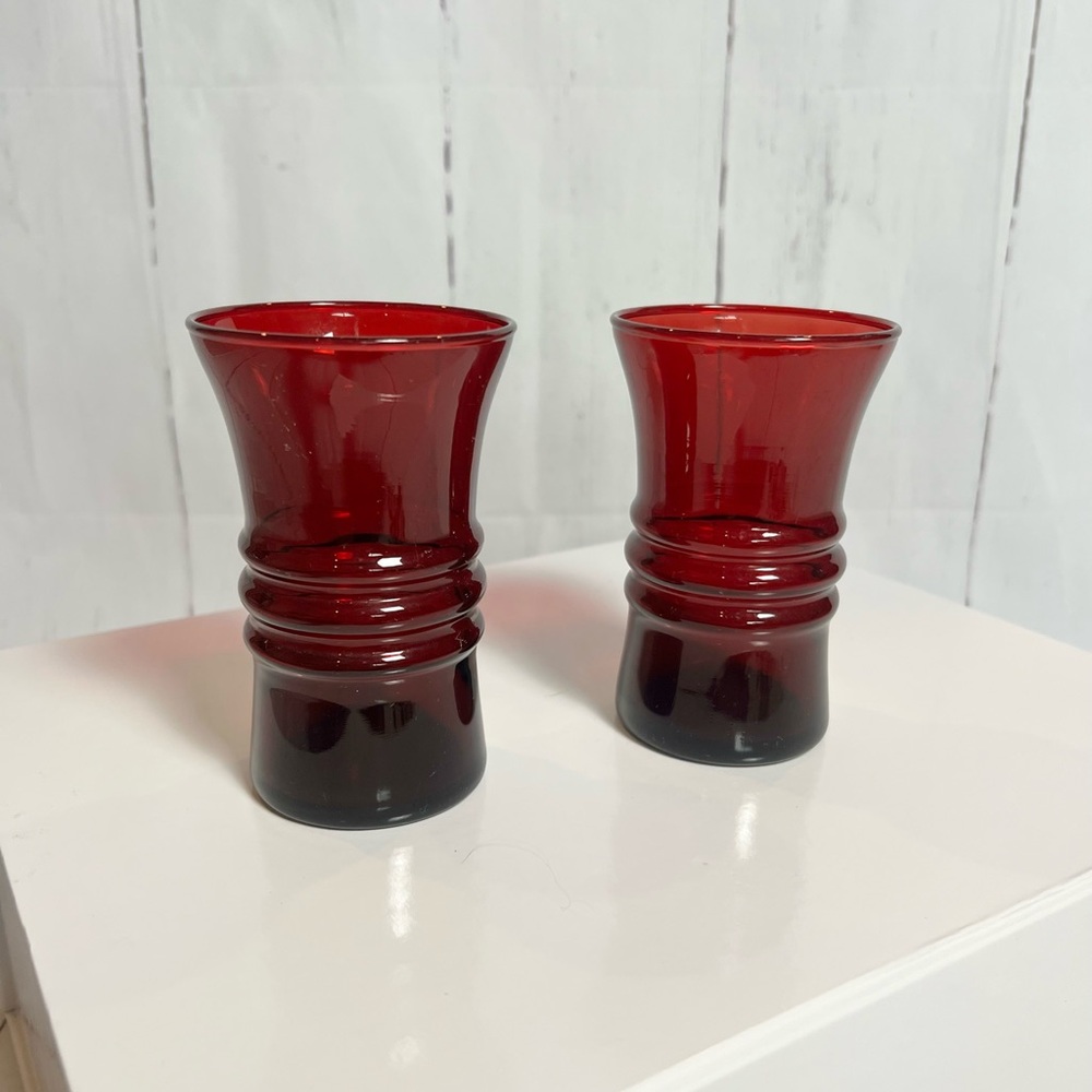 VTG Anchor Hocking Royal Ruby Red Ringed Tumblers - Set of 2 MCM 1950s